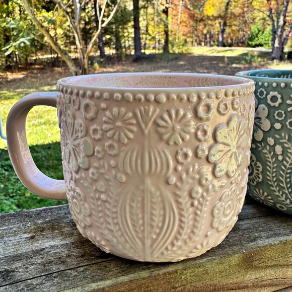 World Market “Jolly Hearts” Mugs, Lt Blue/White and Pink/White Floral Embossed - Picture 4 of 11